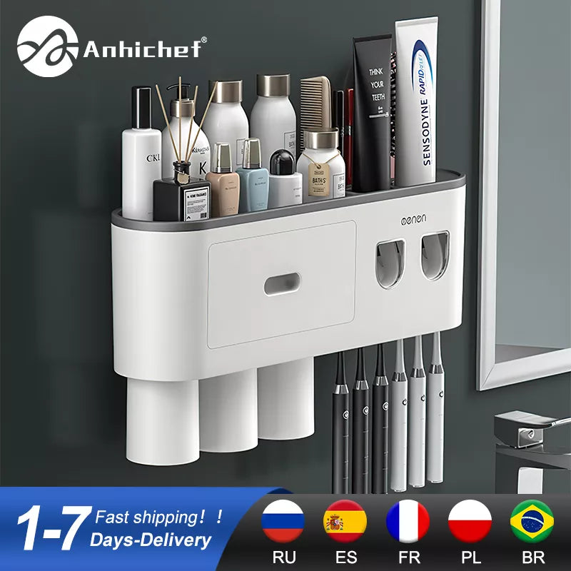 "Magnetic Elegance: Inverted Toothbrush Holder with Automatic Toothpaste Squeezer and Wall Storage Rack – Innovative Bathroom Organizer and Accessory"