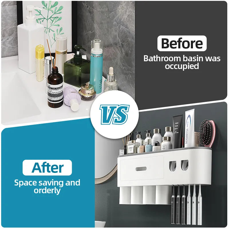"Magnetic Elegance: Inverted Toothbrush Holder with Automatic Toothpaste Squeezer and Wall Storage Rack – Innovative Bathroom Organizer and Accessory"