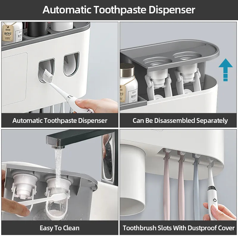 "Magnetic Elegance: Inverted Toothbrush Holder with Automatic Toothpaste Squeezer and Wall Storage Rack – Innovative Bathroom Organizer and Accessory"
