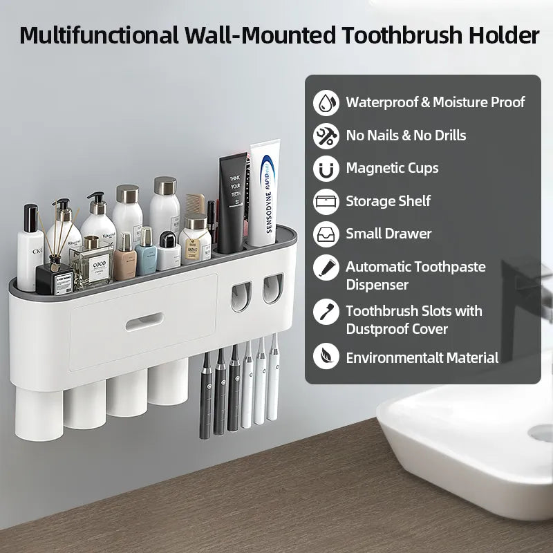"Magnetic Elegance: Inverted Toothbrush Holder with Automatic Toothpaste Squeezer and Wall Storage Rack – Innovative Bathroom Organizer and Accessory"