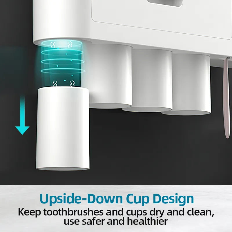 "Magnetic Elegance: Inverted Toothbrush Holder with Automatic Toothpaste Squeezer and Wall Storage Rack – Innovative Bathroom Organizer and Accessory"